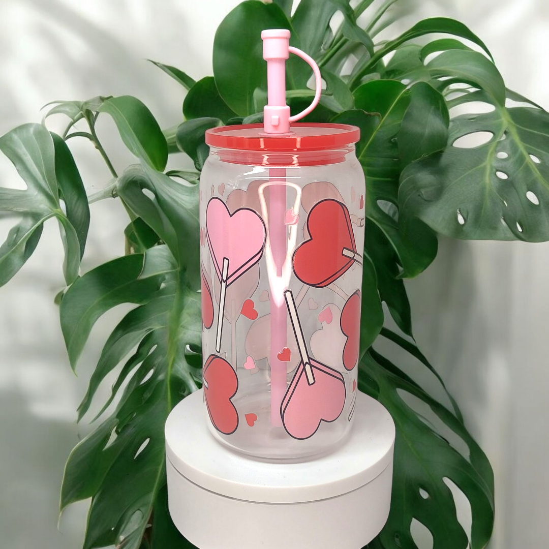 16oz Glass Cup "Lollipop Hearts"