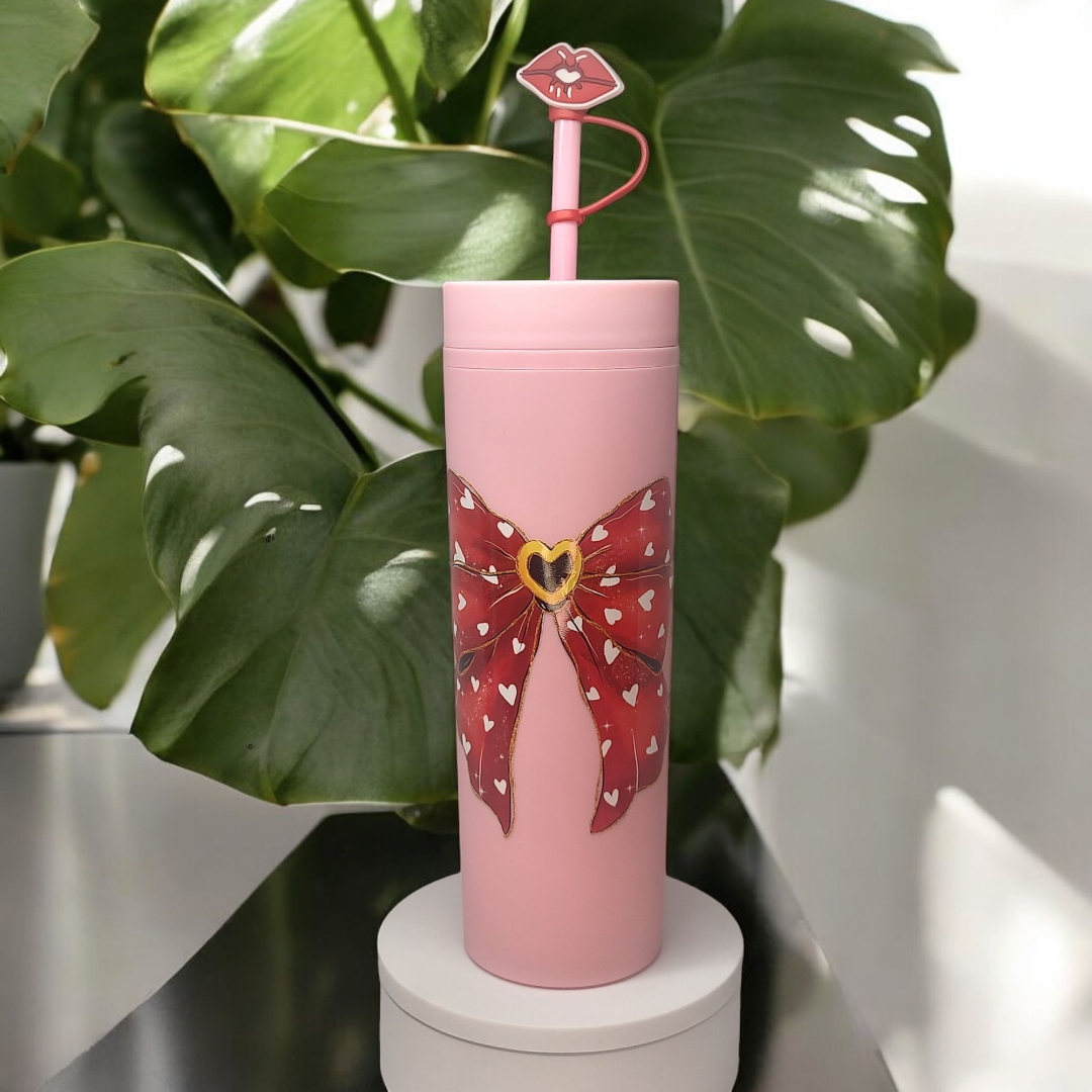 16oz Skinny Tumbler "Bow with Hearts"